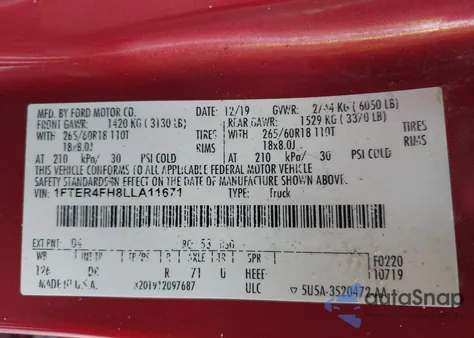 2020 Ford Ranger Lariat из США, поврежденный, VIN 1FTER4FH8LLA11671